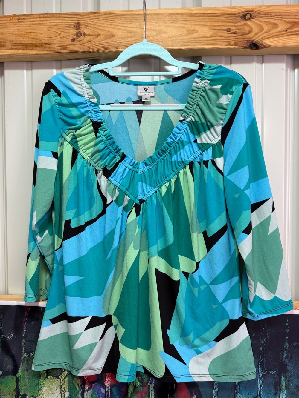 Worthington Teal & Aqua Abstract V-Neck Tunic